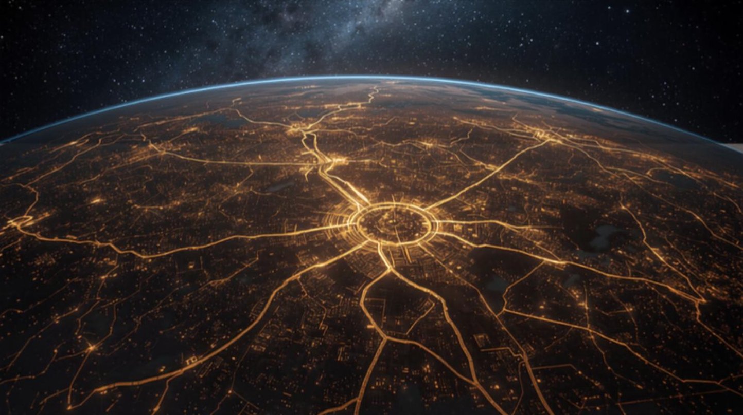 City lights seen from near space, glowing like a neural network